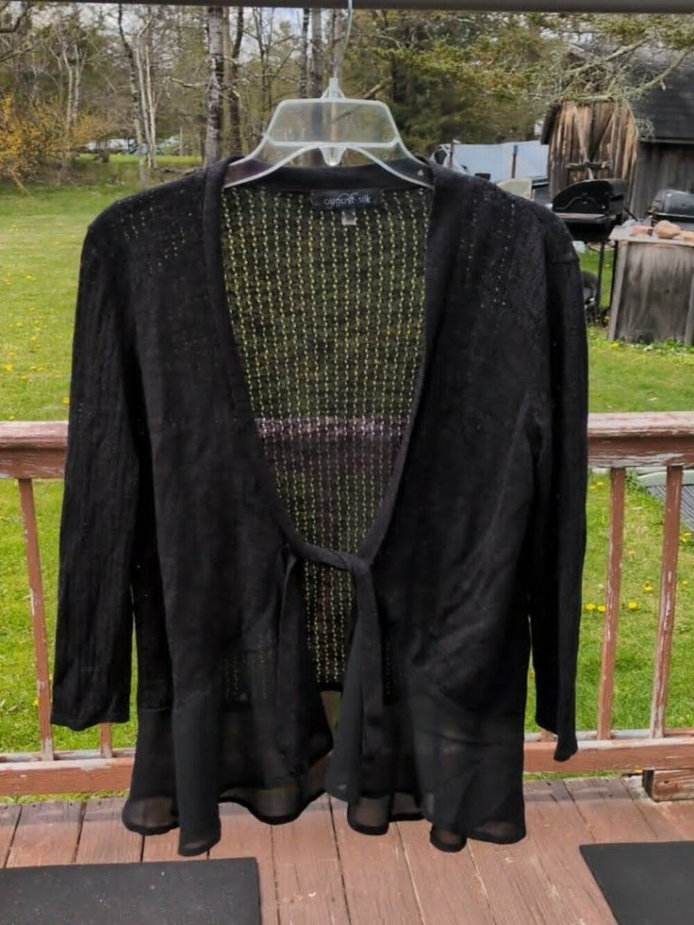 August Silk Black Crochet and Lace Mesh Hem Cardigan Tie Closure Sweater Sz Med